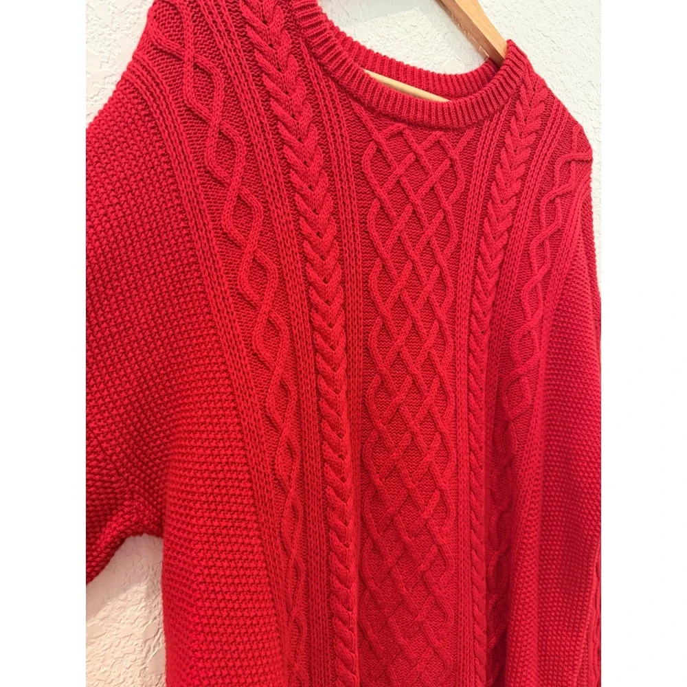 J.Crew Womens 2X Red Cable Knit Sweater 100% Cotton Crewneck Pullover Fisherman - Picture 4 of 10